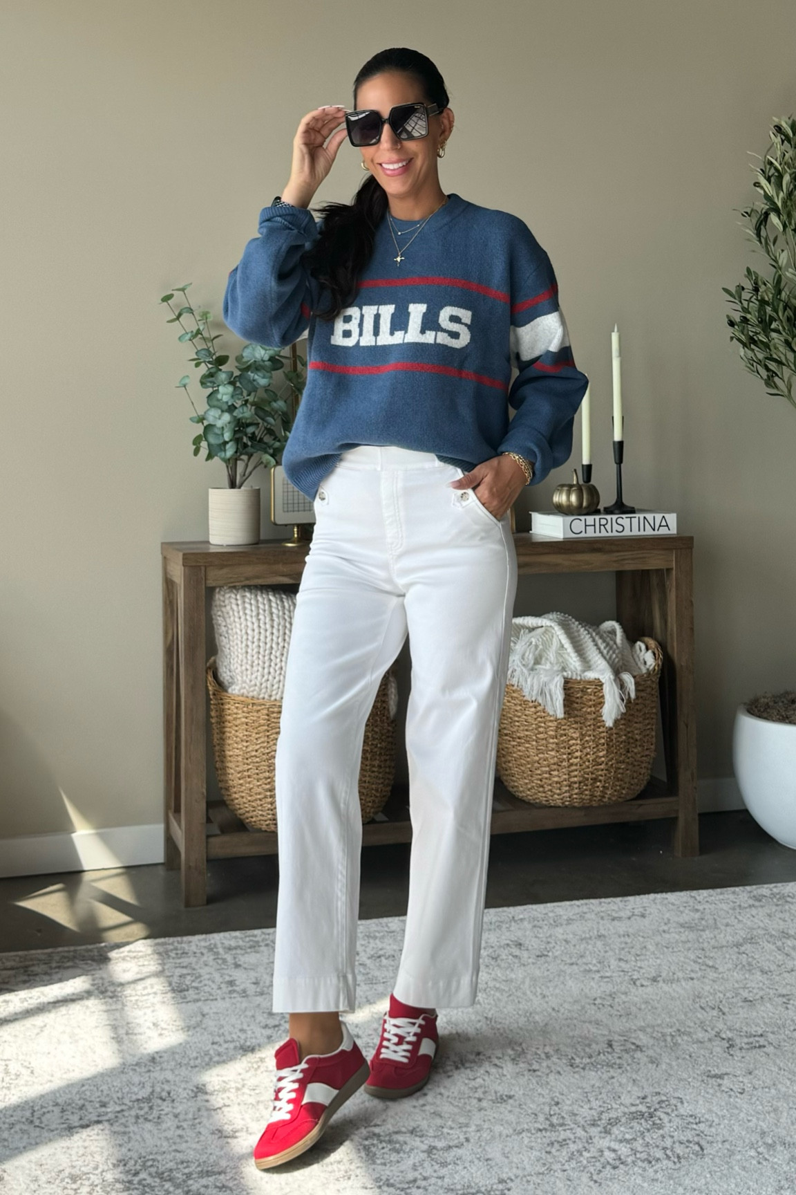 Wide leg spanx pants on sale and they are my absolute favorite 
Wearing a small Tall 
Black and white sweater small 
Bills Abercrombie sweater - small 
Target red sneakers - tts 

#LTKU #LTKOver40 #LTKSaleAlert