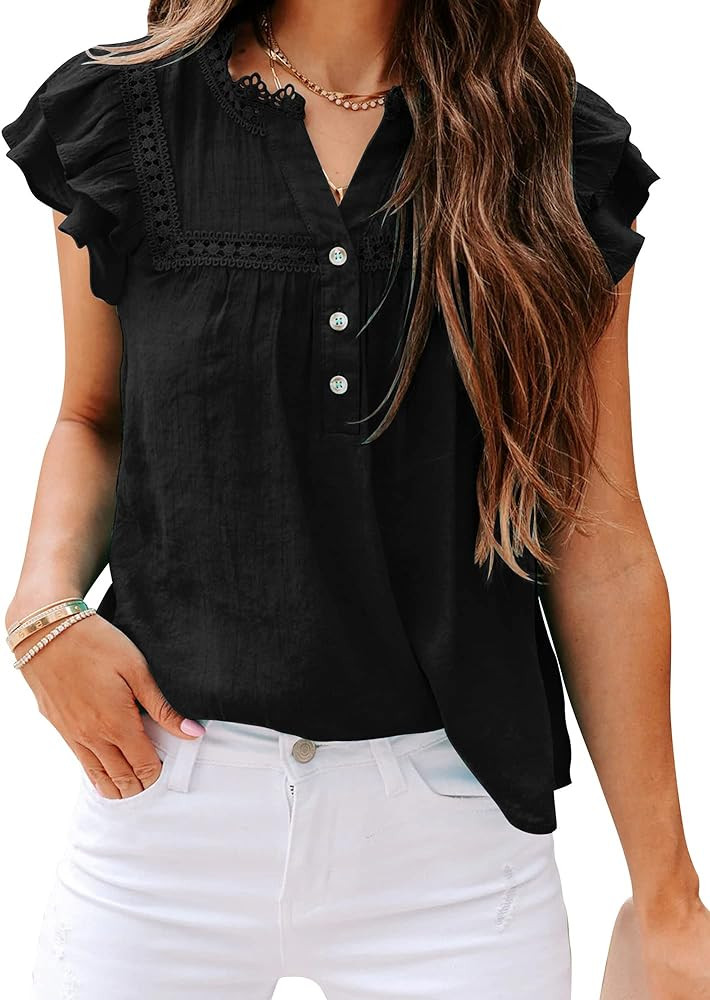 Orchidays Women's V Neck Lace Crochet Shirts Short Sleeve Button Down Casual Solid Blouse Tops | Amazon (US)