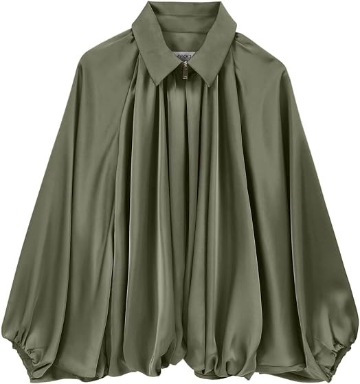 Womens Satin Puffed Bomber Jacket Oversized Batwing Sleeve Pleated Jackets | Amazon (US)