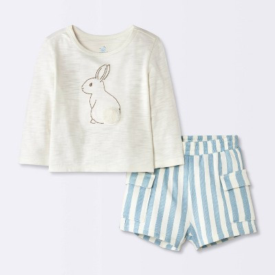 Baby Boys' 2pc Bunny Graphic Long Sleeve T-Shirt and Striped Cargo Shorts Set - Cloud Island™ Cream 0-3M | Target