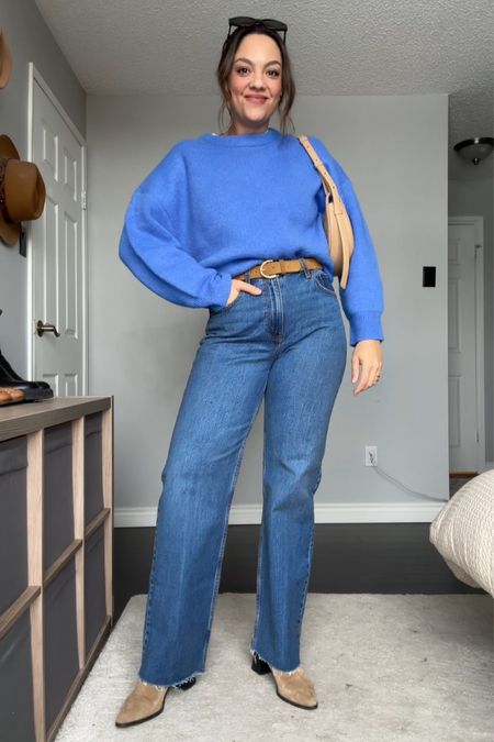 Winter outfit inspiration! Details below:
-Oak + Fort blue crewneck knit sweater, I have a medium. 
-Abercrombie 90s relaxed long jeans in a medium blue wash. I have a size 29 long. 
-Sézane tan suede belt. 
-Tan suede ankle boots, similar linked. 
-Polène Paris numero dix bag. 
-Celine Triomphe sunglasses. 


#LTKfindsunder100 #LTKSeasonal #LTKstyletip