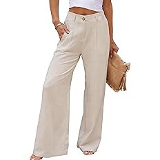 heipeiwa Women's Linen Pants Casual High Waist Wide Leg Straight Dress Cotton Linen Button Trouse... | Amazon (US)