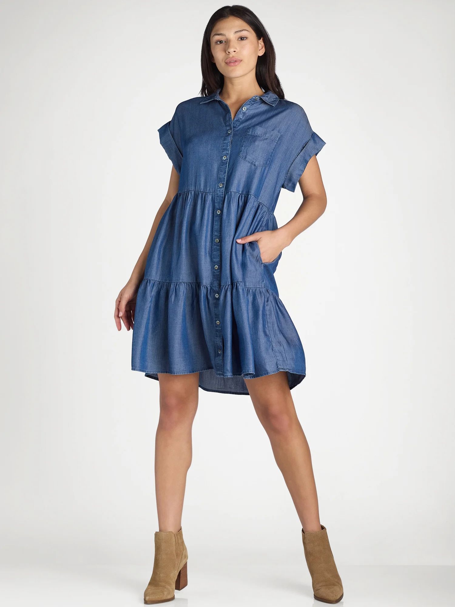 Time and Tru Women's Tiered Mini Shirt Dress, Sizes XS-XXXL - Walmart.com | Walmart (US)