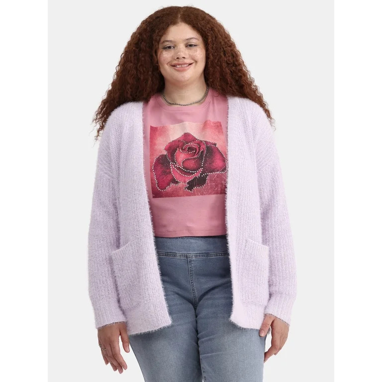 No Boundaries Feather Cardigan Sweater, Midweight, Women's Plus | Walmart (US)