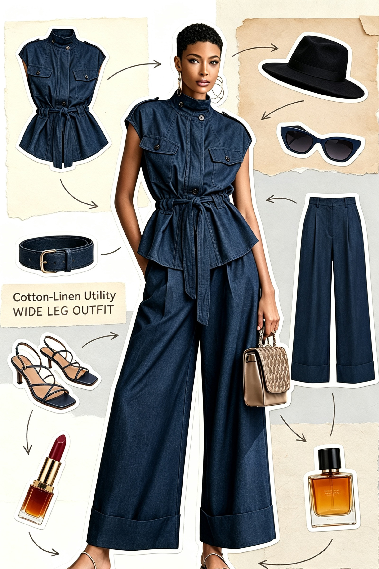 Chic Cotton-Linen Utility Sleeveless Top & Wide Leg Pants Summer Outfit
#UtilityStyleOutfit
#WideLegTrousers
#DarkBlueCoOrdSet 

 #LTKootd #LTKOver40 #LTKWorkwear