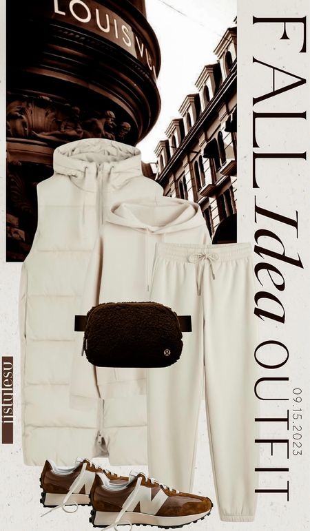 FALL OUTFIT IDEA 
Neutral Outfit 
#sweatsuit #puffervest 
#lululemon #beltbag #falloutfit #falloutfits 

#LTKSeasonal #LTKshoecrush #LTKstyletip