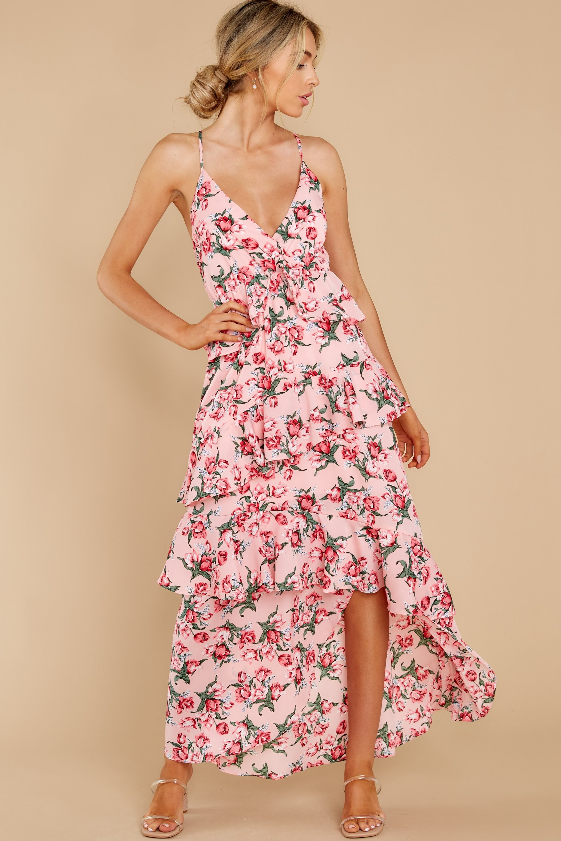 Flirtatious Meetings Pink Floral Print High-Low Dress | Red Dress 