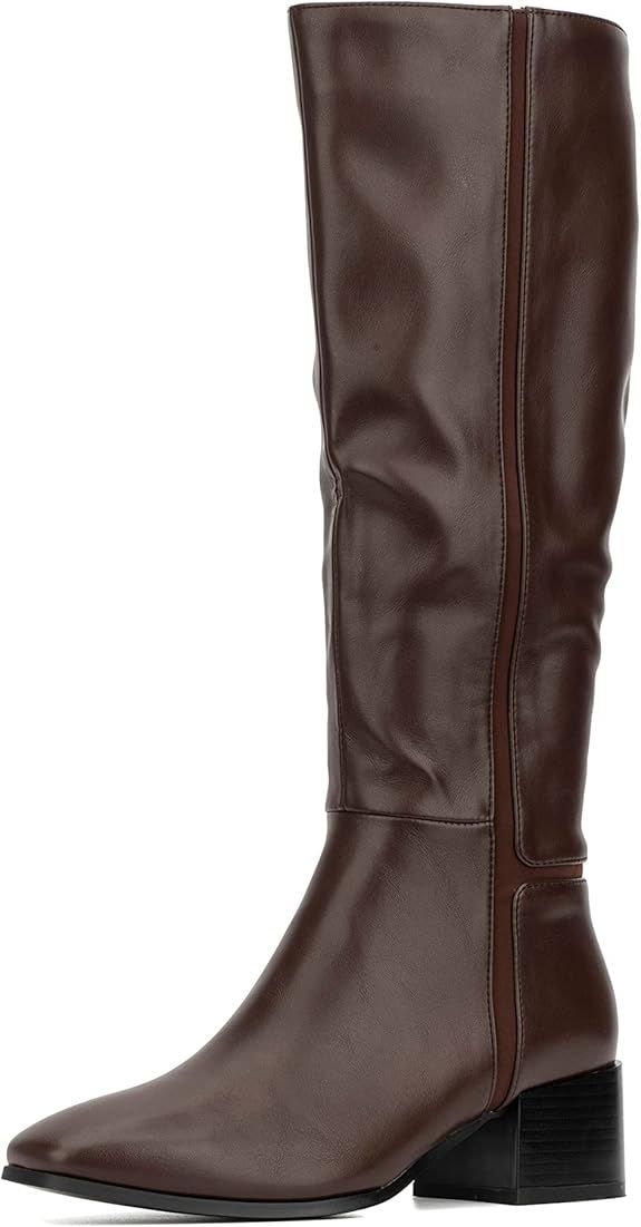 TORGEIS Women's Casual Fashion Mid Calf Knee High Faux Leather Boots w Side Zipper | Studded Buck... | Amazon (US)