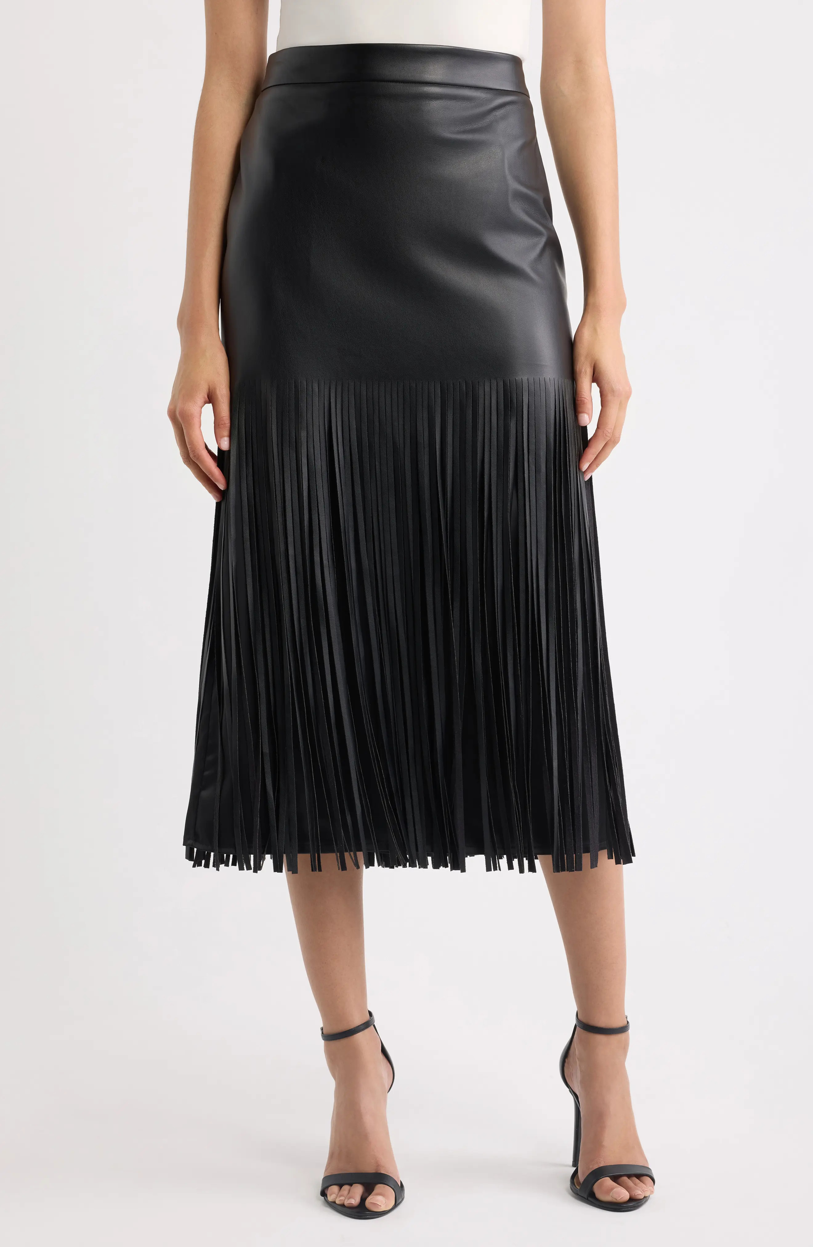 Elie Tahari Kaia Fringe Faux Leather Skirt in Noir at Nordstrom, Size 6 | Nordstrom