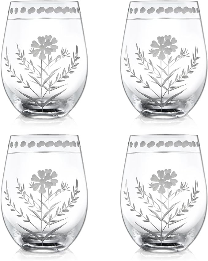 Joeyan Hand Blown Etched Stemless Wine Glasses,Carved Red and White Wine Tumbler with Floral Patt... | Amazon (US)
