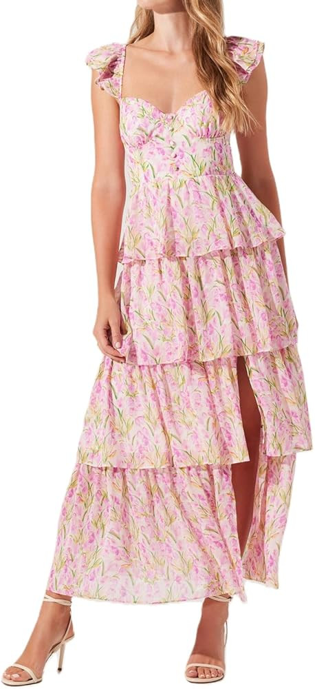 Women Tie Shoulder Boho Floral Maxi Dress Y2k Spaghetti Strap Flowy Long Dresses Summer Tiered Be... | Amazon (US)