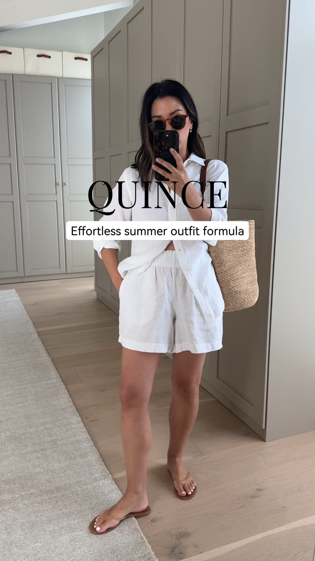 Effortless summer outfit formula - linen button-up, linen shorts, and a little texture for summer. Wearing a small in both pieces. The button-up has a more classic fit, and I'd size up if you prefer a roomier, oversized look. @Quince #quincepartner

#LTKPetite
