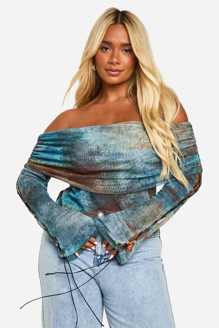 Plus Off The Shoulder Grunge Print Lace Up Detail Top | boohoo (US & Canada)