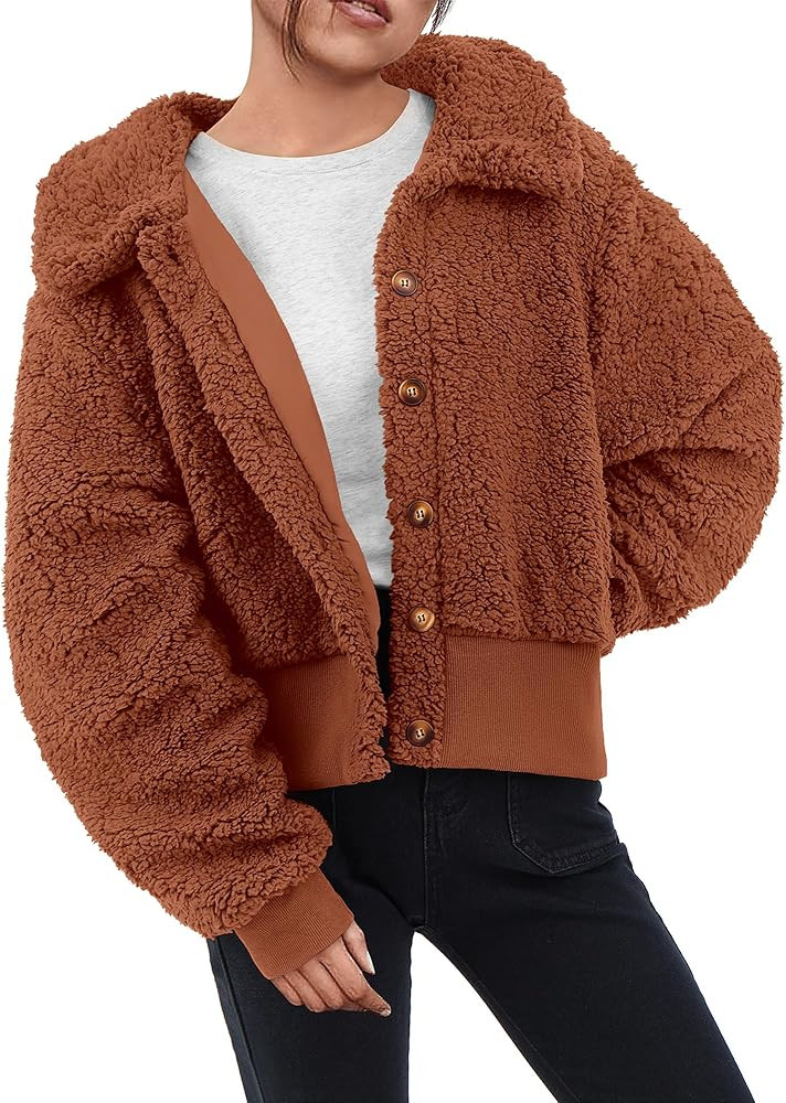 BTFBM Women's Button Down Sherpa Shacket Jacket Long Sleeve Faux Fur Warm Fall Winter Outwear Fuz... | Amazon (US)