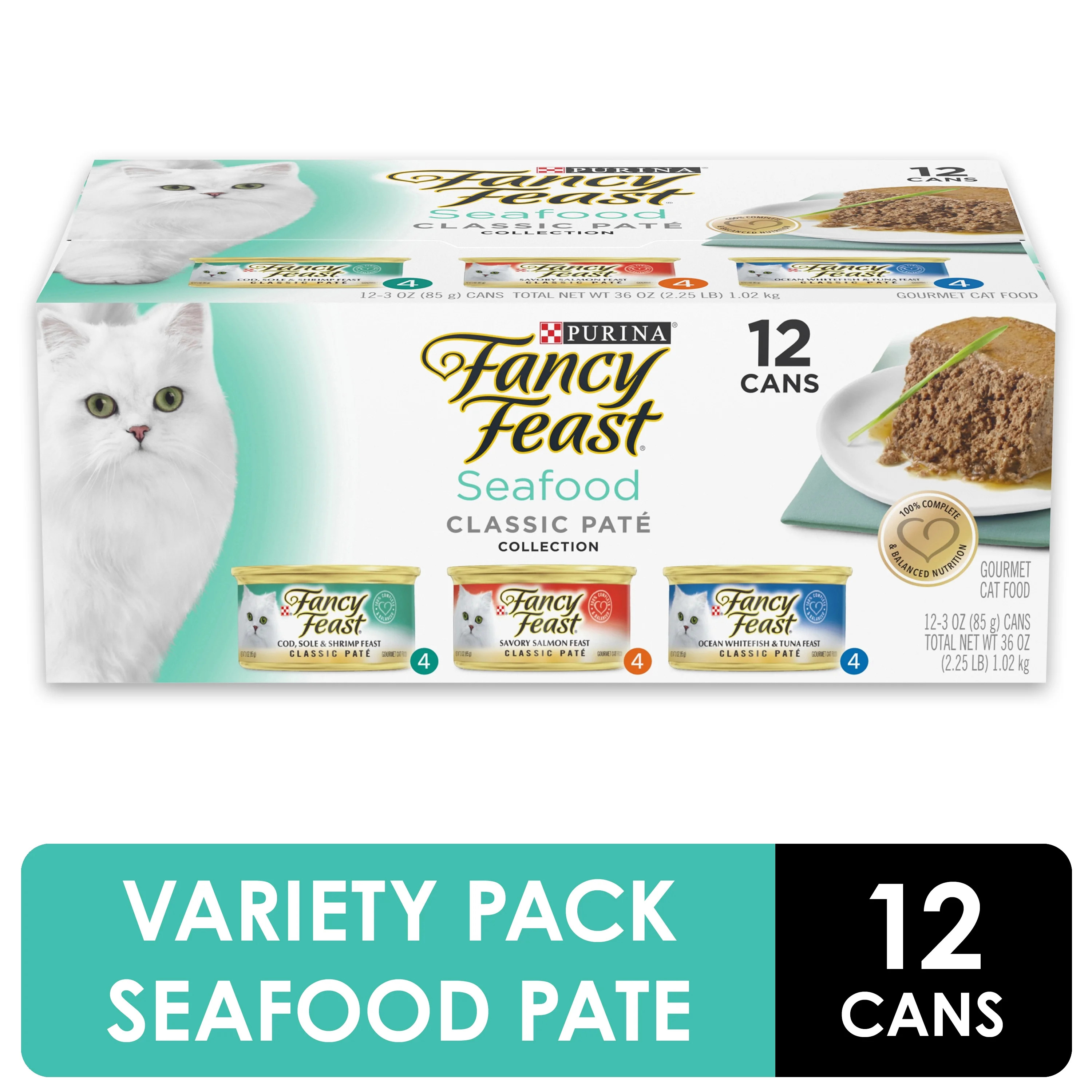 (12 Pack) Fancy Feast Grain Free Pate Wet Cat Food Variety Pack, Seafood Classic Pate Collection,... | Walmart (US)