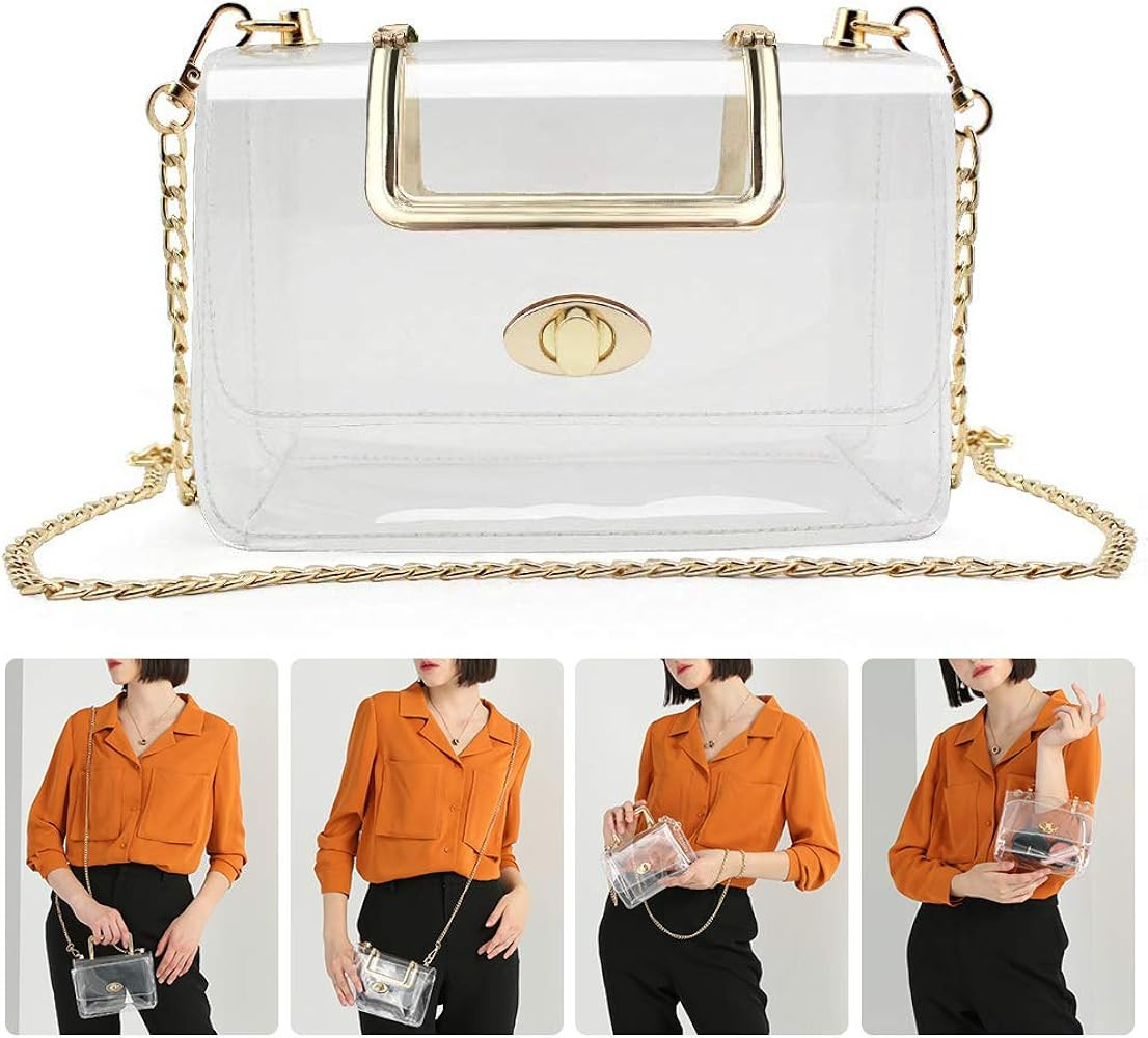 MOETYANG Womens Transparent Clutch Clear Purse Crossbody with Golden Chain Strap PGA Stadium Approve | Amazon (US)