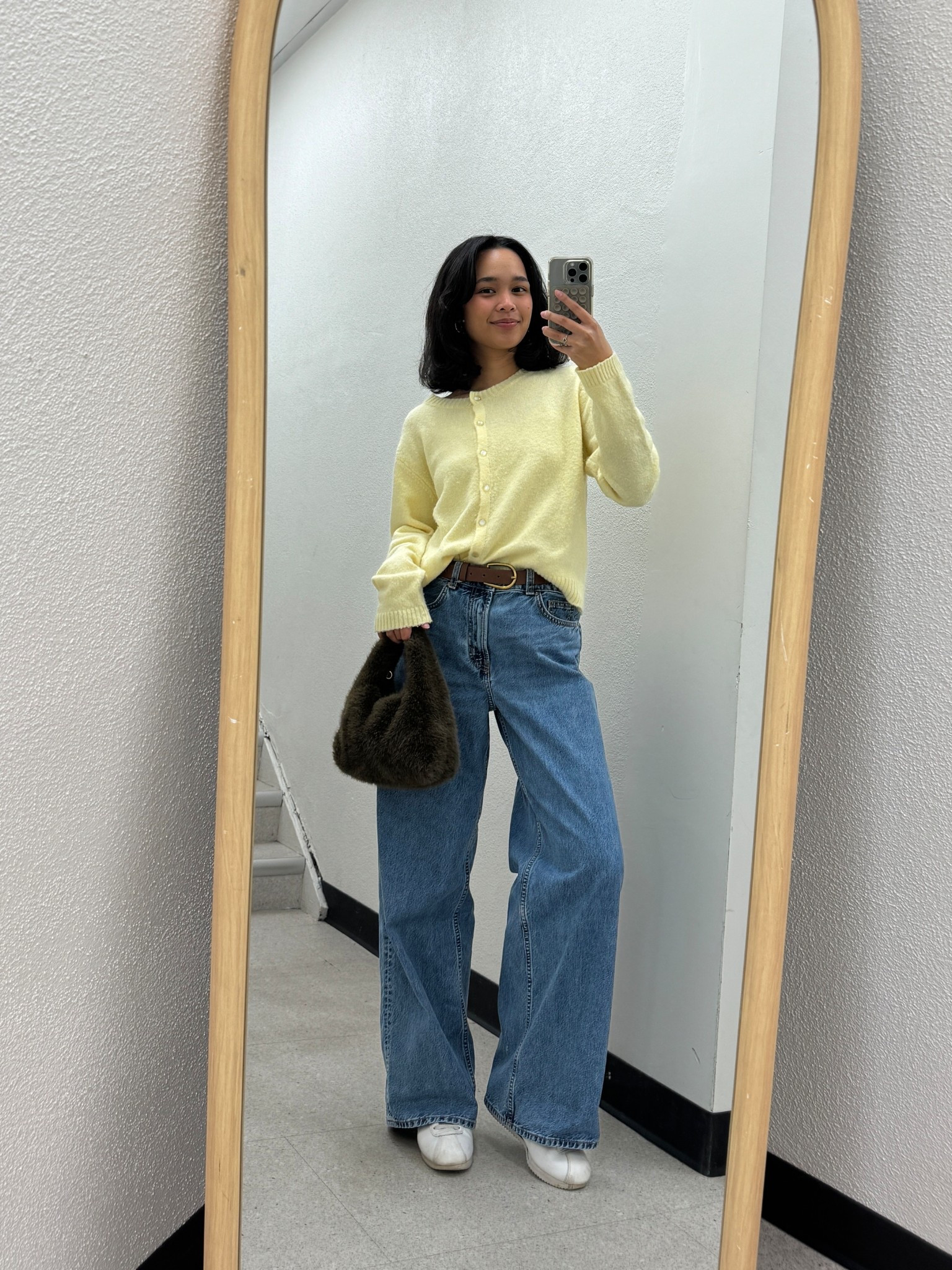 casual fit - yellow cardigan, high waisted wide leg jeans, fuzzy handbag, brown belt & Nike kicks

#LTKShoeCrush #LTKStyleTip