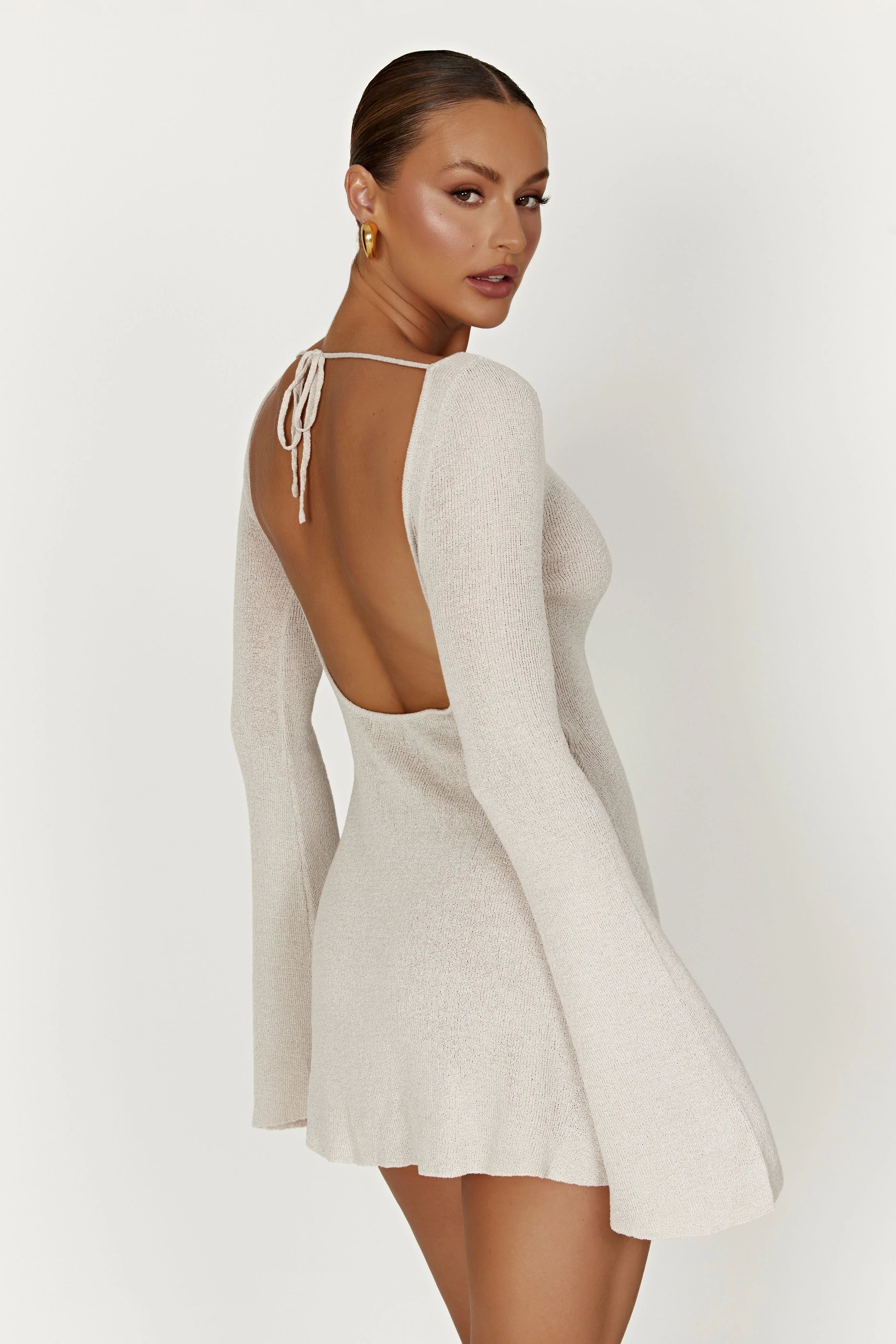 Zahra Long Sleeve Open Back Mini Knit Dress - Grey | MESHKI US