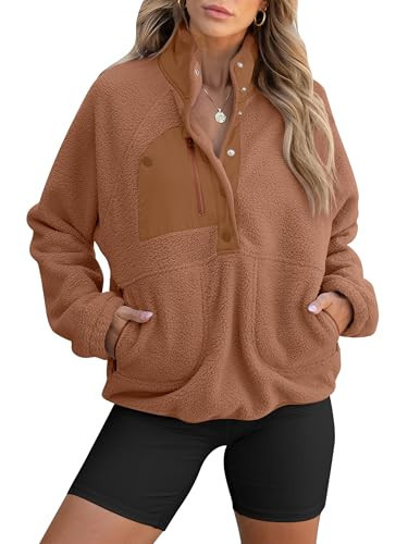 ANRABESS Women Fuzzy Fleece Pullover Sherpa Sweatshirt Long Sleeve Button Down Warm Soft Color Block Jackets with Pockets Light Brown Medium | Amazon (US)