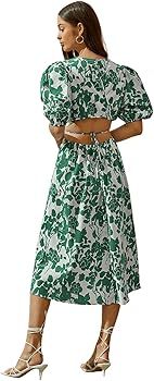 SweatyRocks Women's Boho Floral Puff Sleeve Cut Out Dress Tie Back A Line Midi Dresses | Amazon (US)