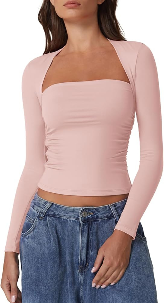 QINSEN Long Sleeve Square Neck Tops for Women Double Lined Side Ruching Going Out Shirts Basic Te... | Amazon (US)