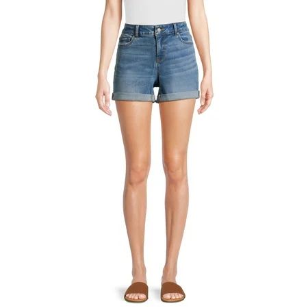 Time and Tru Women's Mid-Rise Double Roll Denim Shorts, 4" Inseam, Sizes 2-20 | Walmart (US)