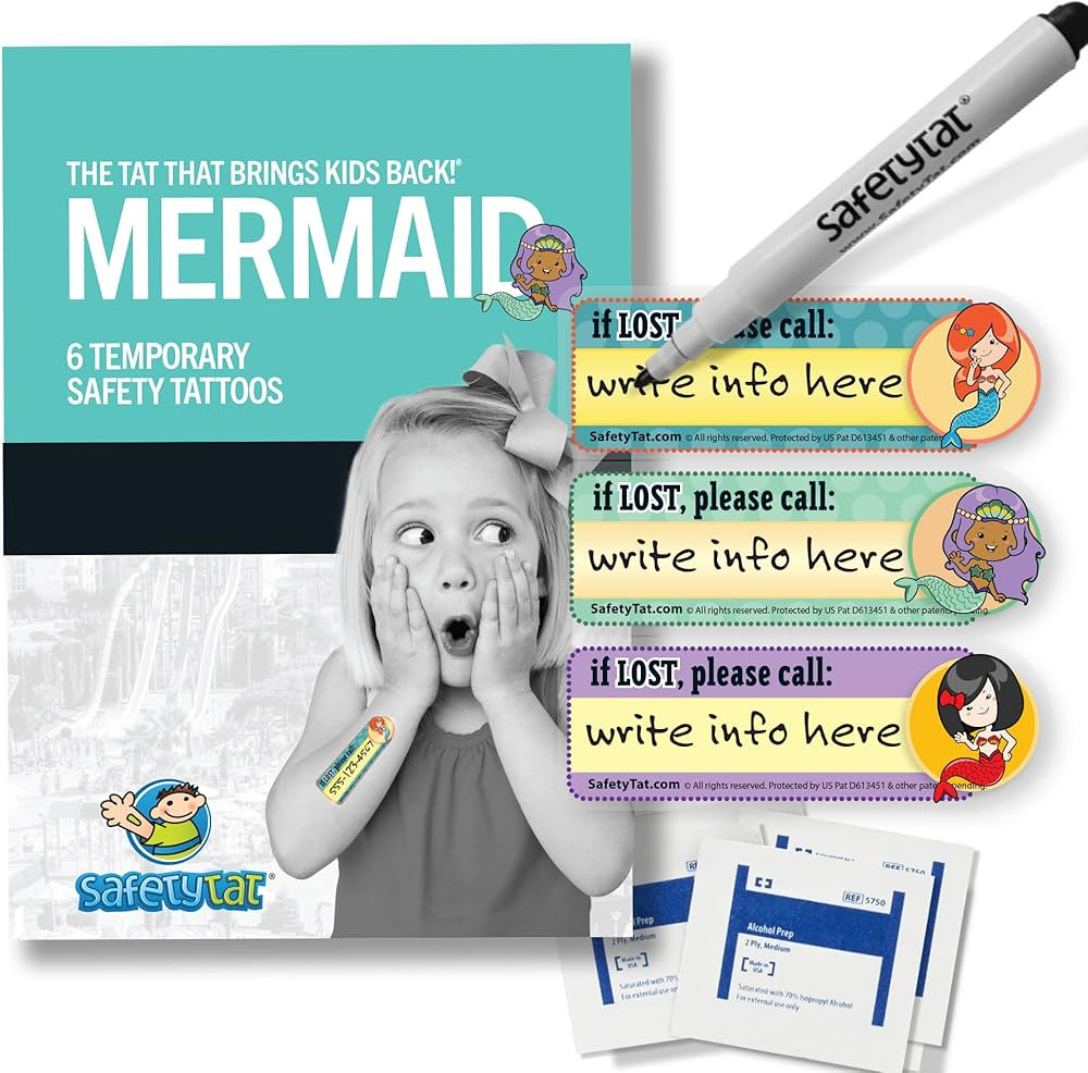 Mermaid 6pk SafetyTat Child ID Tattoos includes skin prep wipes and tattoo marking pen | Amazon (US)
