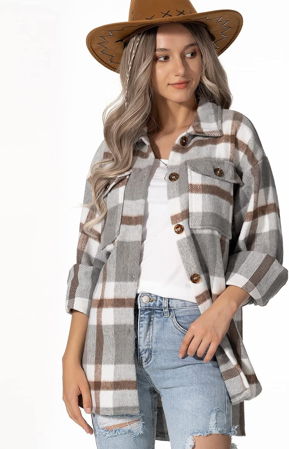 Lviefent Womens Casual Wool Blend Plaid Flannel Shackets Jacket Button Down Shirt Coat | Amazon (US)