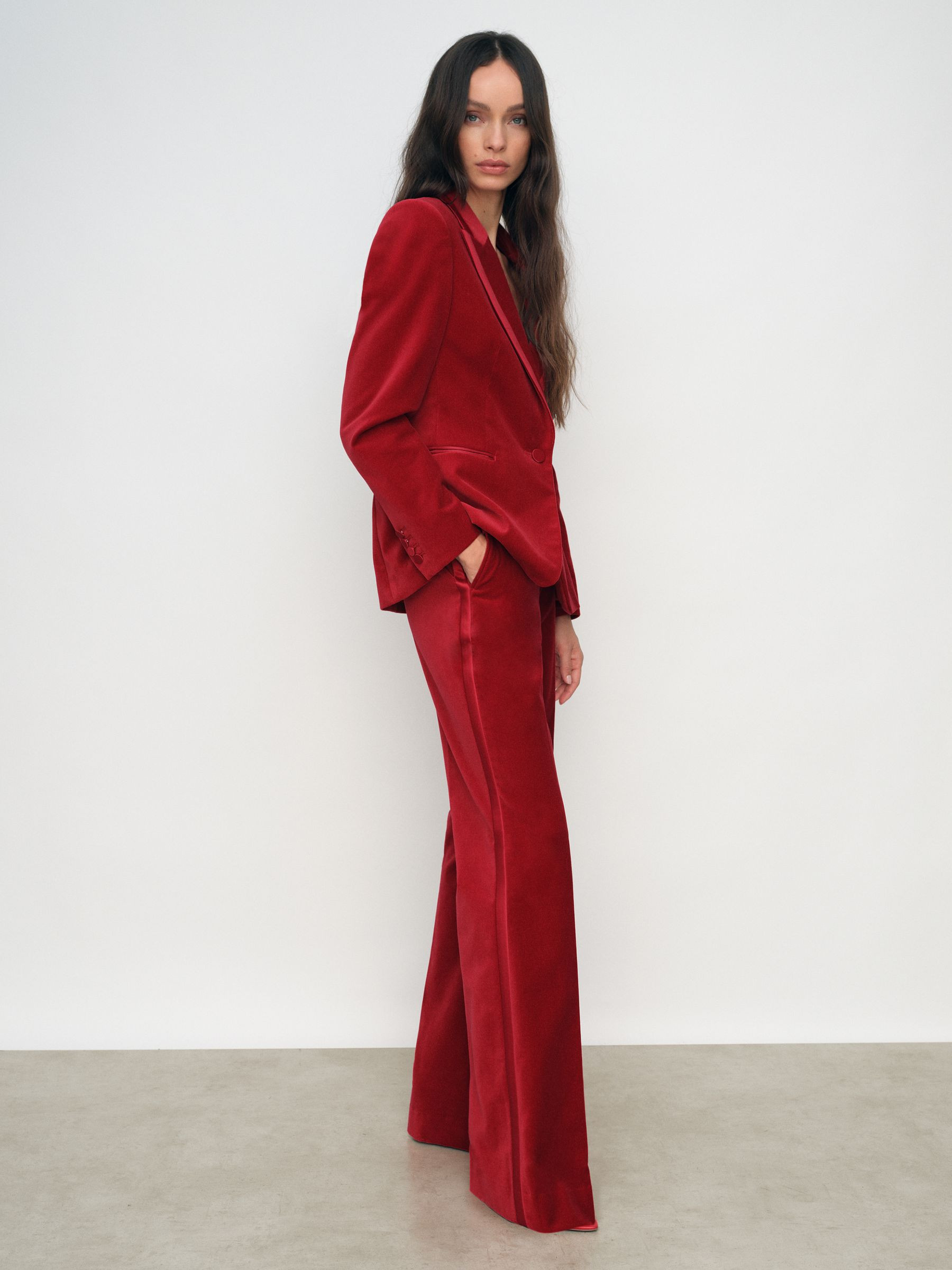 Velvet Tuxedo-Stripe Flared Trousers in Red | Reiss US