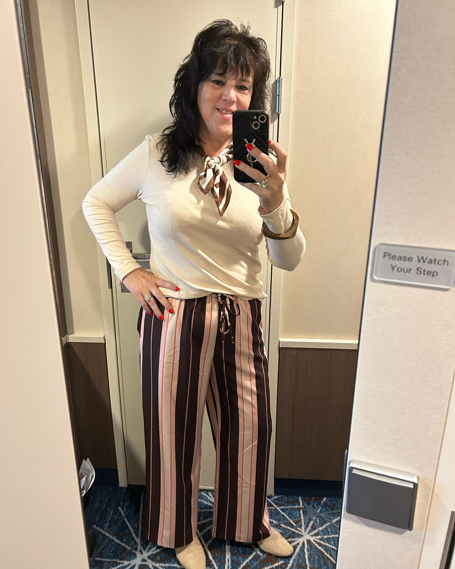 Cruising in style!! 🚢🤎
Cream, stripes, and a little scarf moment — comfy and classy never goes out of style. The pants are part of a 2 piece set. I and wearing a large in everything 
#over50fashion #styleover50 #midlifestyle #cruiseoutfit #travelstyle

#LTKTravel #LTKvlog #LTKOver40