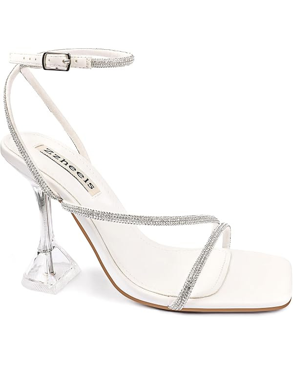Zzheels Women's Rhinestone High Heels Crystal Strappy Heels Square Toe Sandals for Dating Party | Amazon (US)