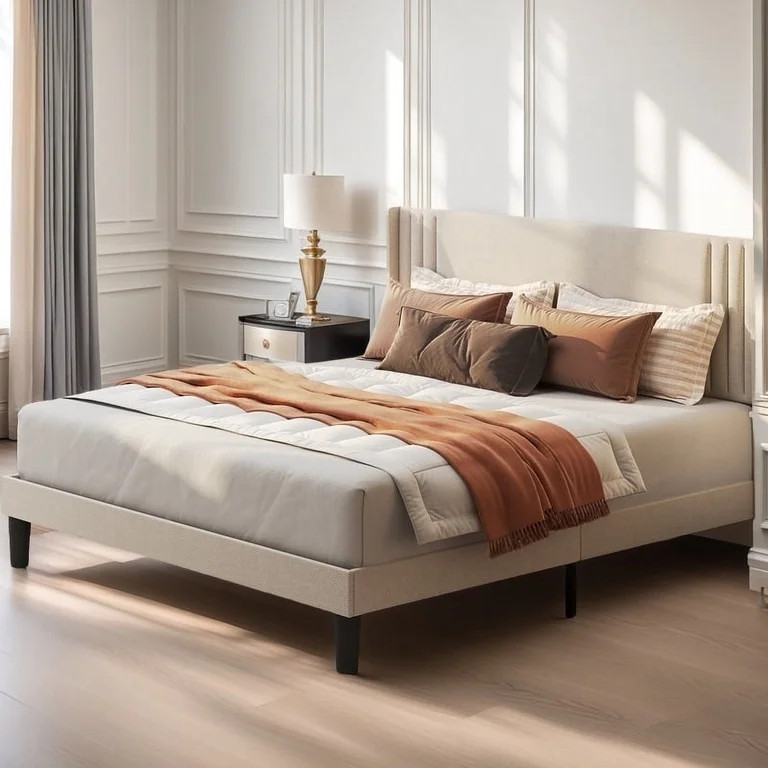 Aiho Queen Bed Frame with Wingback Upholstered Headboard, Beige | Walmart (US)