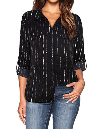 Lotusmile Blouses & Button Down Shirts, Women's Blusas de Mujer Elegantes Dressy Cute Top Plus Size Black and White Button up Shirt Women Professional Clothing for Work(Black and White, Small) | Amazon (US)