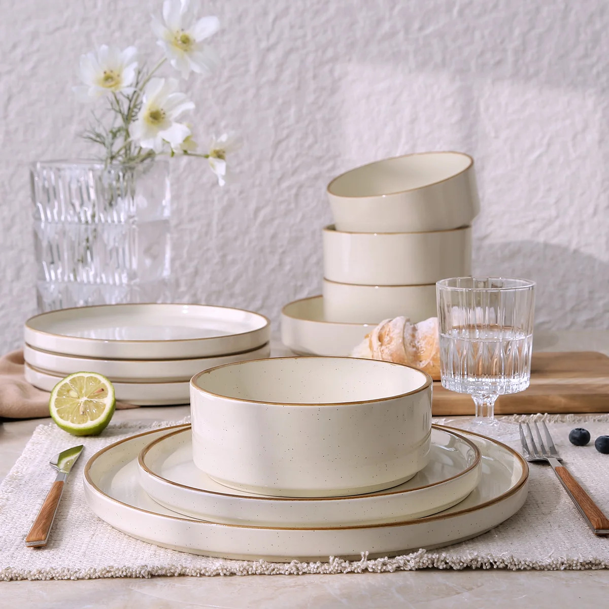 Nebula Plates And Bowls Sets, 24 Piece Dinnerware Sets,Vanilla White with Brown Rim | Wayfair North America