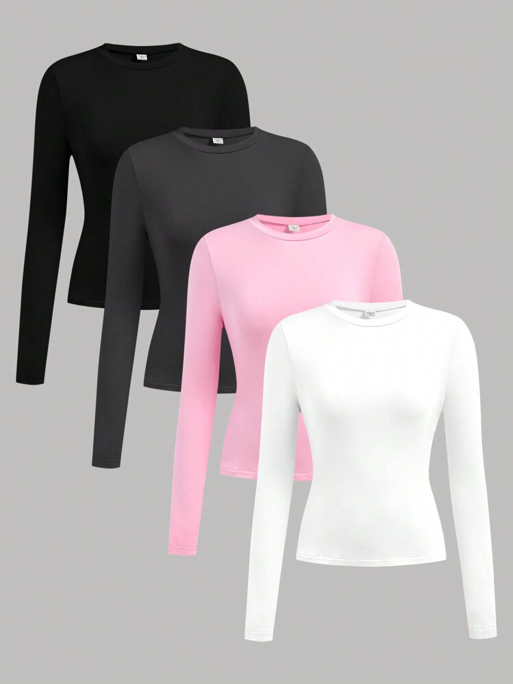 SHEIN Girlism 4pcs/Set Teen Girls' Black, White, Pink, Dark Grey Crew Neck All-Match Long Sleeve Casual Pullover T-Shirts (Buy 1 Get 3 Free) Chic Outfits For Autumn/Winter | SHEIN