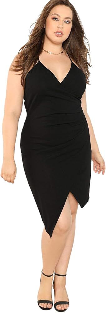 Milumia Women's Plus Size V Neck Wrap Cami Dress Asymmetrical Hem Ruched Party Dress | Amazon (US)