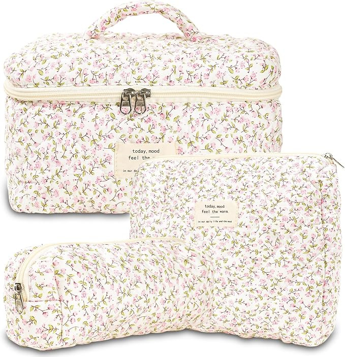 3Pcs Makeup Bag Cotton Quilted Travel Cosmetic Bag Cute Floral Makeup Pouch Large Toiletry Bag fo... | Amazon (US)