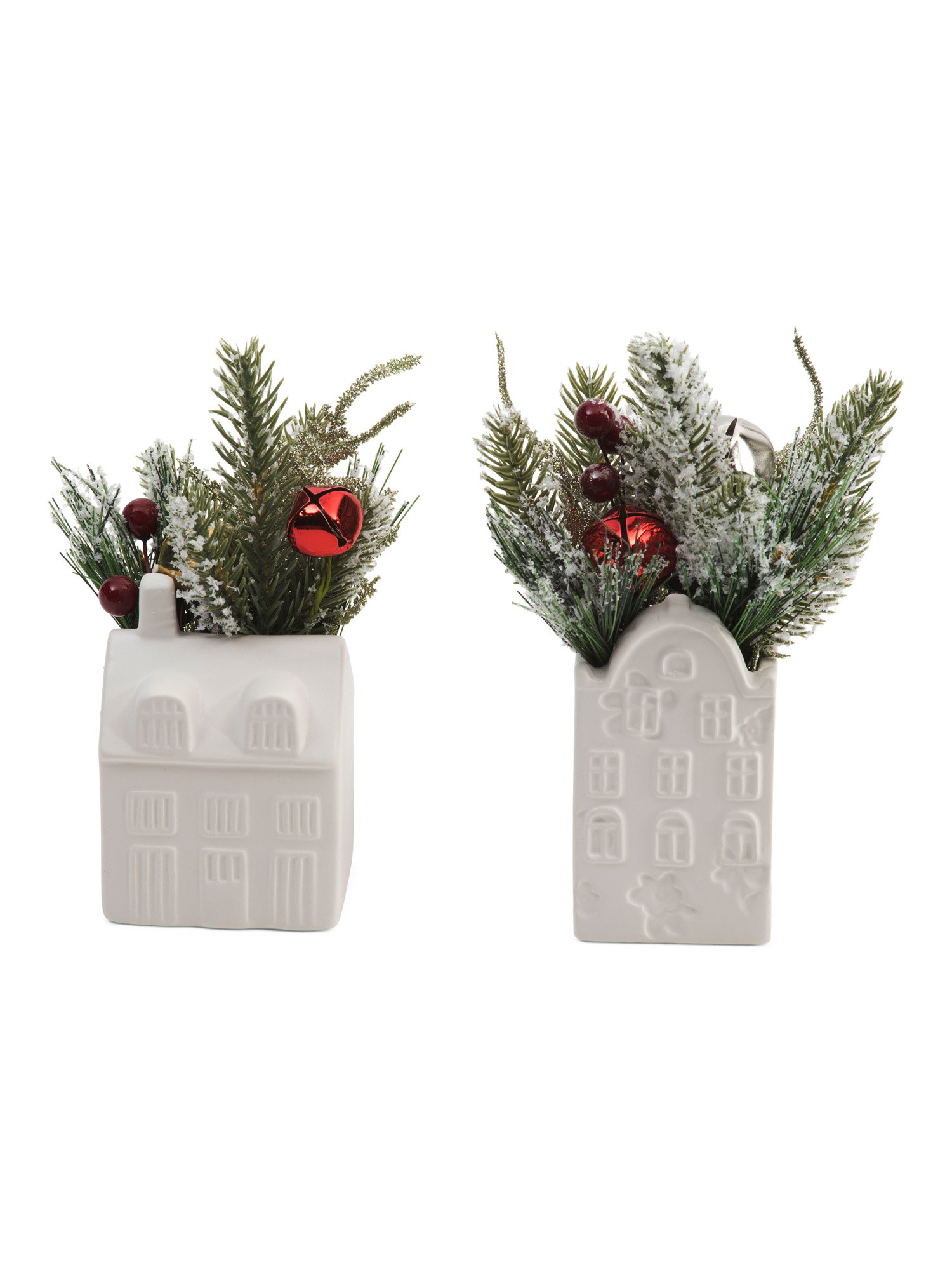 Set Of 2 Ceramic Houses With Pine Branches | Plants & Planters | Marshalls | Marshalls