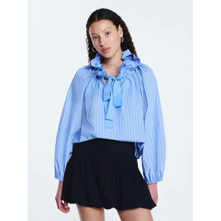 Free Assembly Women's Ruffle Tie Neck Cotton Top with Long Puff Sleeves, Sizes XS-XXL | Walmart (US)