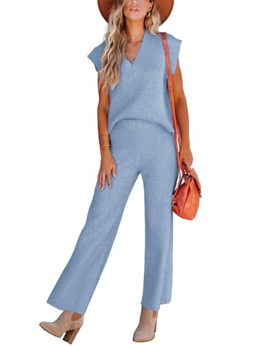 ARTFREE Women's Knit 2 Piece Outfits Sweater Sets Trendy Sleeveless Vest Pullover Tops High Waist Wide Leg Pants Lounge Set | Amazon (US)