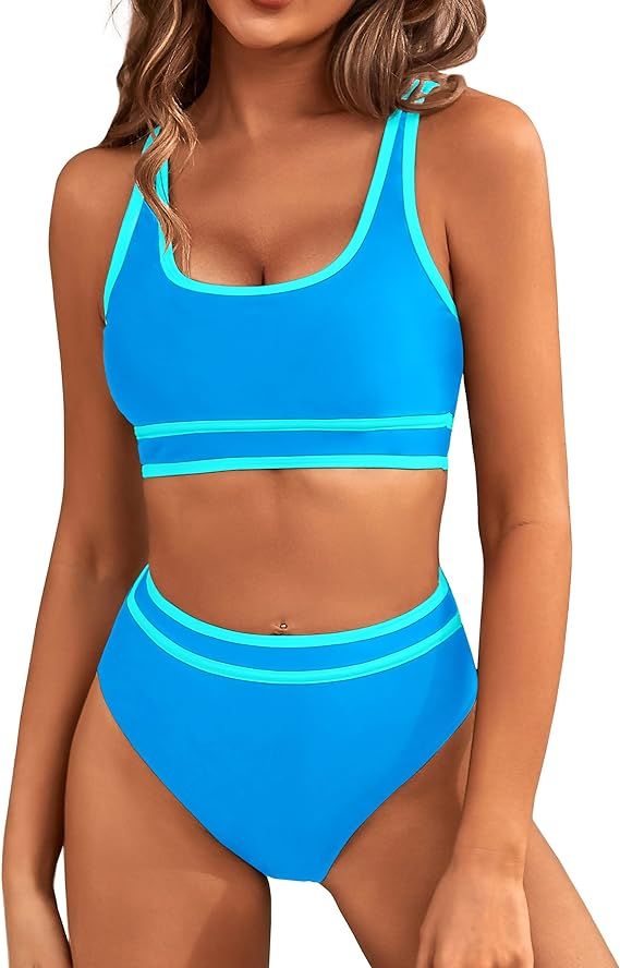 BMJL Women's High Waisted Bikini Sets Sporty Two Piece Swimsuits Color Block Cheeky High Cut Bath... | Amazon (US)