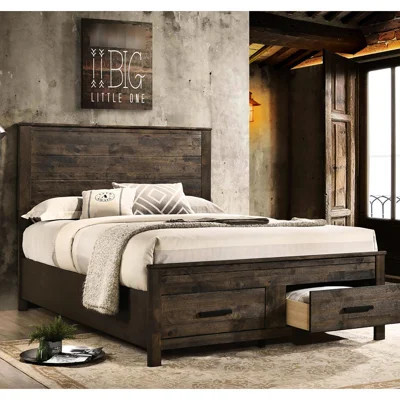 Rustic Queen Bed With Storage And Wood Frame Golden Brown Handmade Details | Wayfair North America