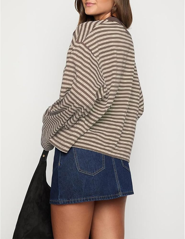 Y2k Womens Striped Cropped Shirt Drop Shoulder Long Sleeve Crewneck Sweatshirt Fairy Grunge Sweat... | Amazon (US)