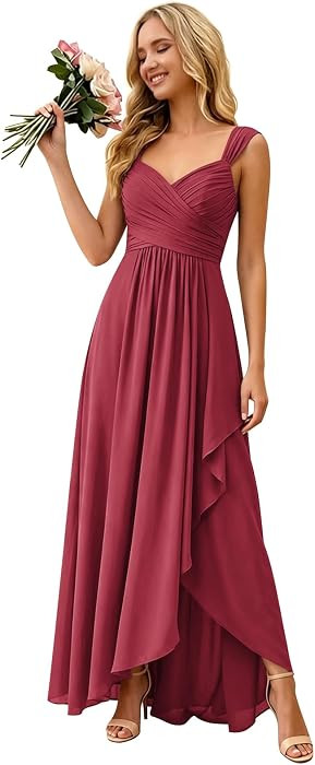 Women’s Ruffles Bridesmaid Dresses for Wedding V Neck Wrap Pleated Chiffon Formal Dress Wedding Guest Dress | Amazon (US)