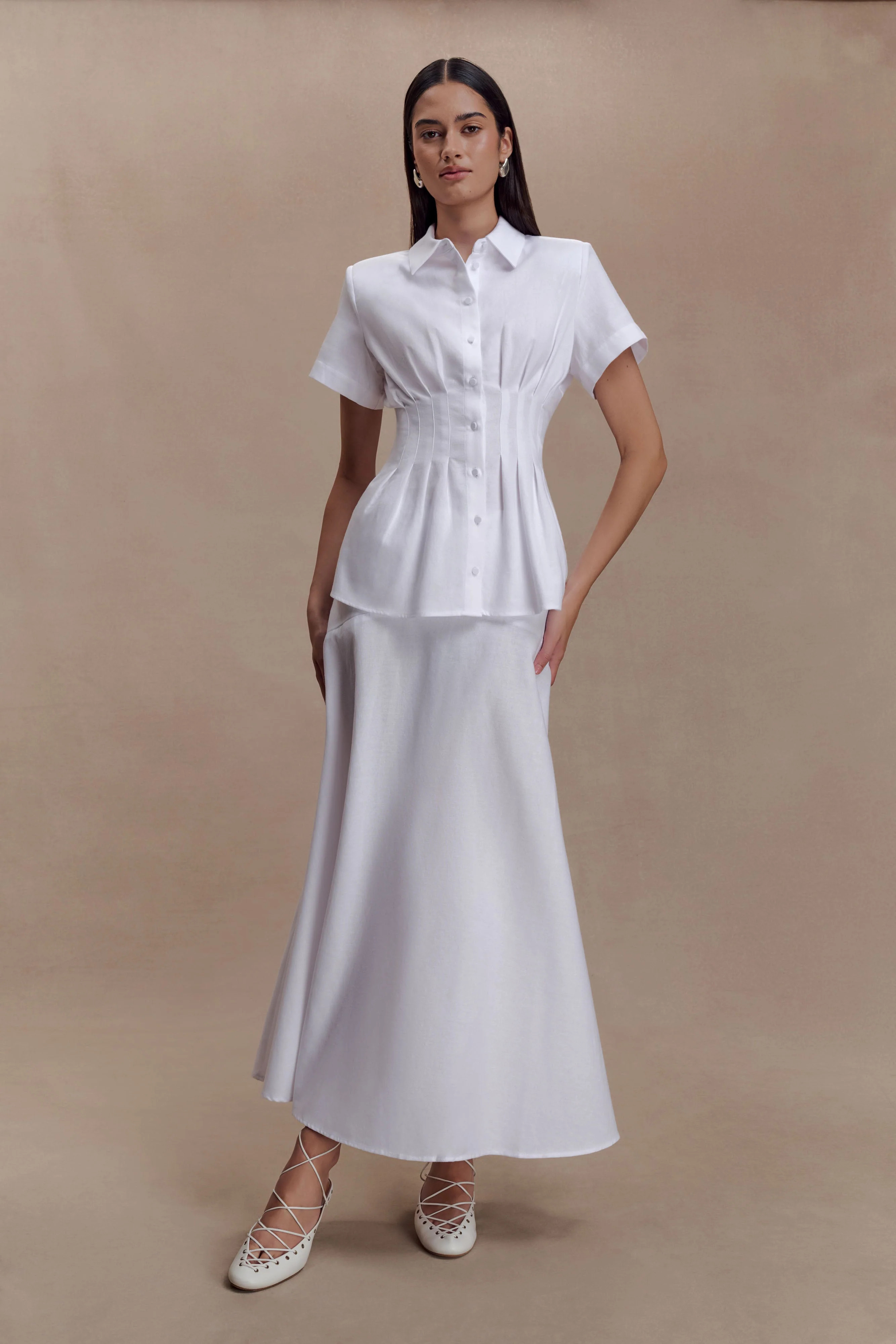 Selma Short Sleeve Linen Shirt - White | Meshki UK