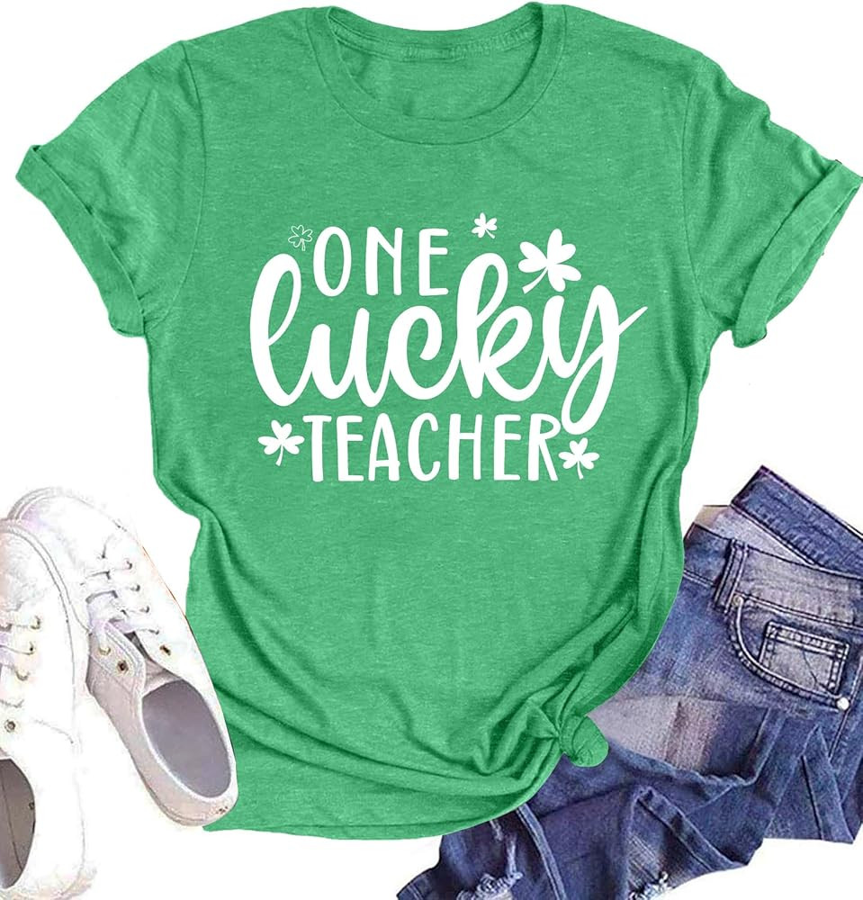One Lucky Teacher Shirt Women St. Patrick's Day T-Shirt Funny Teacher Gift Casual Irish Shamrock ... | Amazon (US)