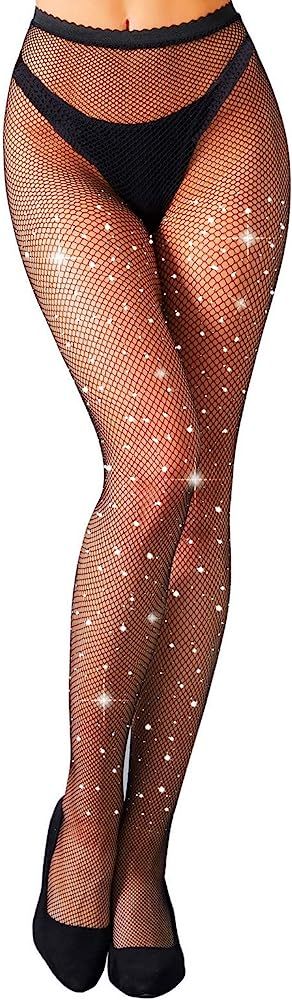 MengPa Women's Fishnets Sparkly Tights High Waist Rhinestone Stockings | Amazon (US)