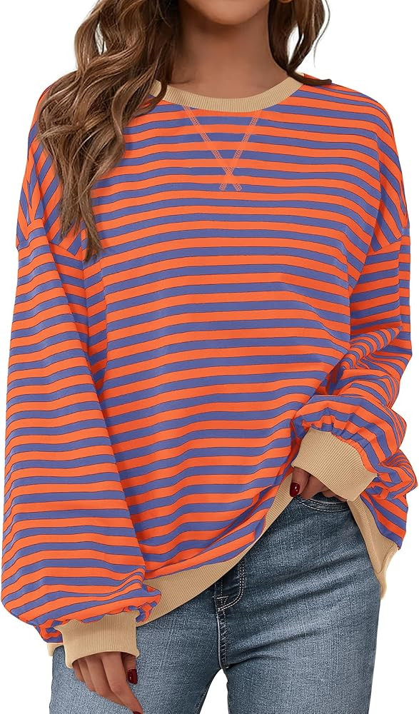 BTFBM Womens Oversized Striped Sweatshirt Crewneck Long Sleeve Pullover Top Casual Y2K Fall Cloth... | Amazon (US)