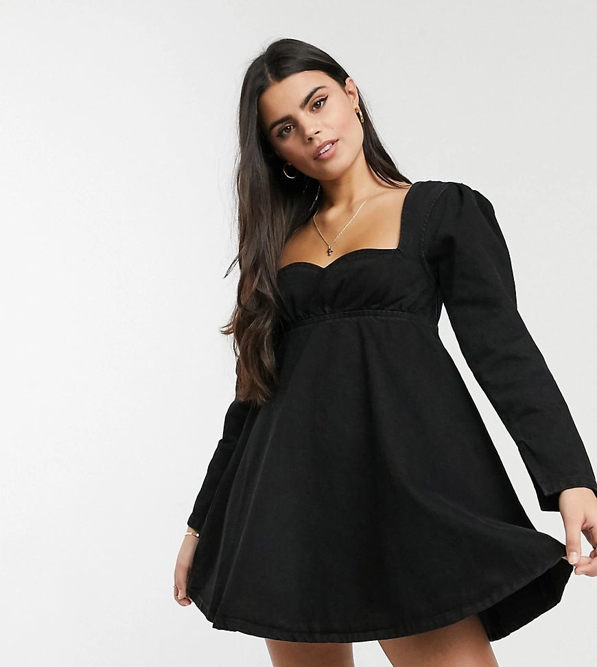 ASOS DESIGN Petite babydoll denim dress in black | ASOS (Global)