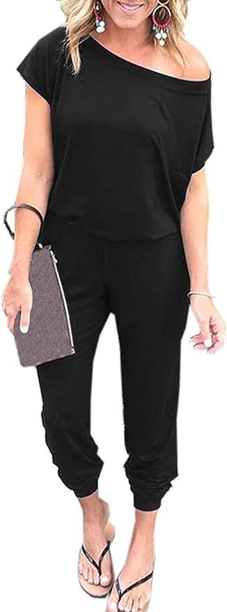 KAY SINN Womens Off Shoulder Jumpsuit Short Sleeve Casual Elastic Waist Rompers with Pockets | Amazon (US)